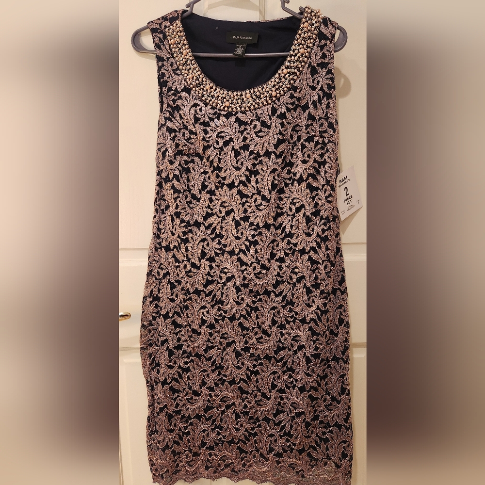 Adrianna Papell Black and Pink Beaded Lace Dress